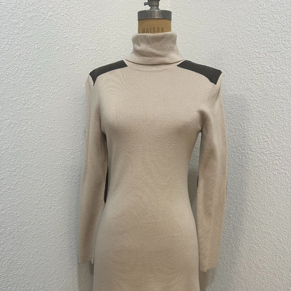 Kate Spade Vintage Beige Wool Turtleneck Dress with Leather Elbow Patches SZ M